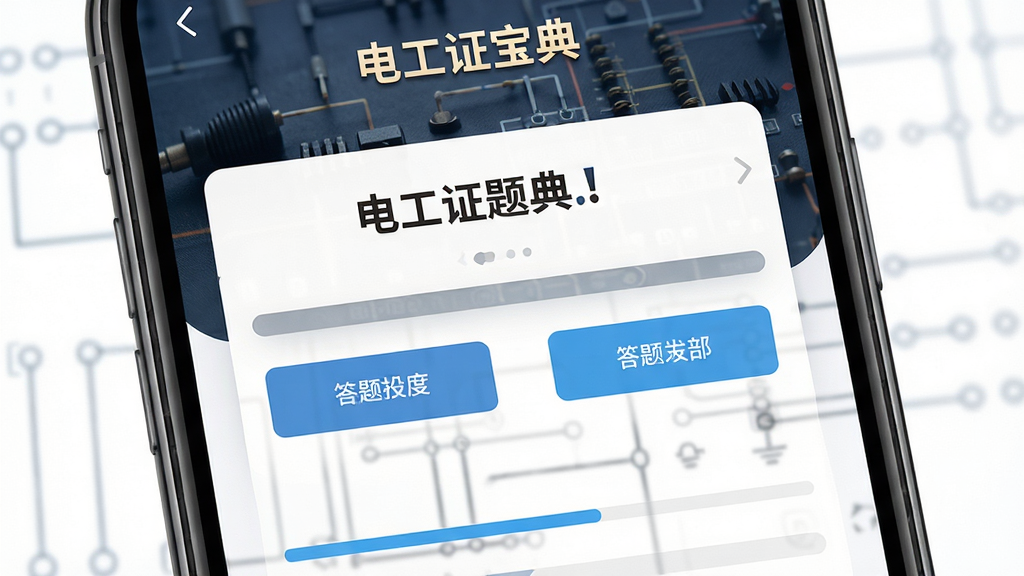 主体为手机屏幕显示电工题库界面,布局为居中特写,排版上屏幕内呈现题目卡片与选项按钮,风格为写实UI展示风,细节包括