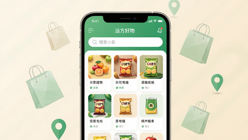 ����������һ�������ֻ�����Ļ����ʾ�š�Զ�������APP���棬����������µ���ɫ���ɫΪ��ɫ�����Ϸ������������м�������״���е���Ʒ��Ƭ������ˮ������ʳ��ͼƬ���ֻ���ΧƯ���ż�����͸���Ĺ�����Ͷ�λͼ�꣬��������͵�ǳ��ɫ��������Ϊ�ִ���ƽ��UI��ƣ�ϸ�����������ʸɾ��������޶���Ԫ�ء�