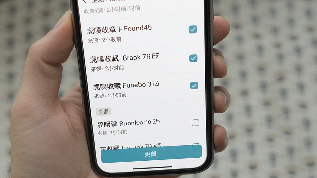 虎嗅收藏与离线阅读功能展示,主体为一部手机屏幕,屏幕内呈现收藏列表页面,布局为纵向列表结构,排版包含文章标题、来源、收藏时间,风格为简约移动端工具界面,细节包括勾选状态、分类标签、底部操作按钮,画质清晰干净,无多余元素