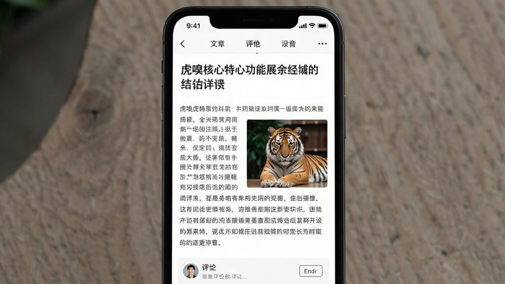 虎嗅核心特色功能展示,主体为一部手机屏幕,屏幕内呈现虎嗅文章详情页,布局为标题在上、正文在下,排版采用单栏阅读模式,风格为清爽的移动端阅读界面,细节包括清晰的段落间距、配图位置、评论区入口,画质干净清晰,无多余元素