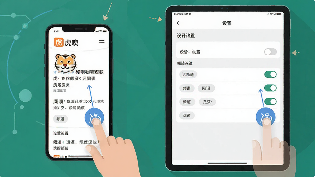 虎嗅移动端使用教程示意图,主体为一部手机与一部平板并排展示,屏幕内分别呈现虎嗅的阅读页与设置页,布局为左右对比结构,排版清晰展示操作步骤,风格为扁平化科技插画,细节包括手指点击图标、设置开关、频道标签,画质干净清晰,无多余元素