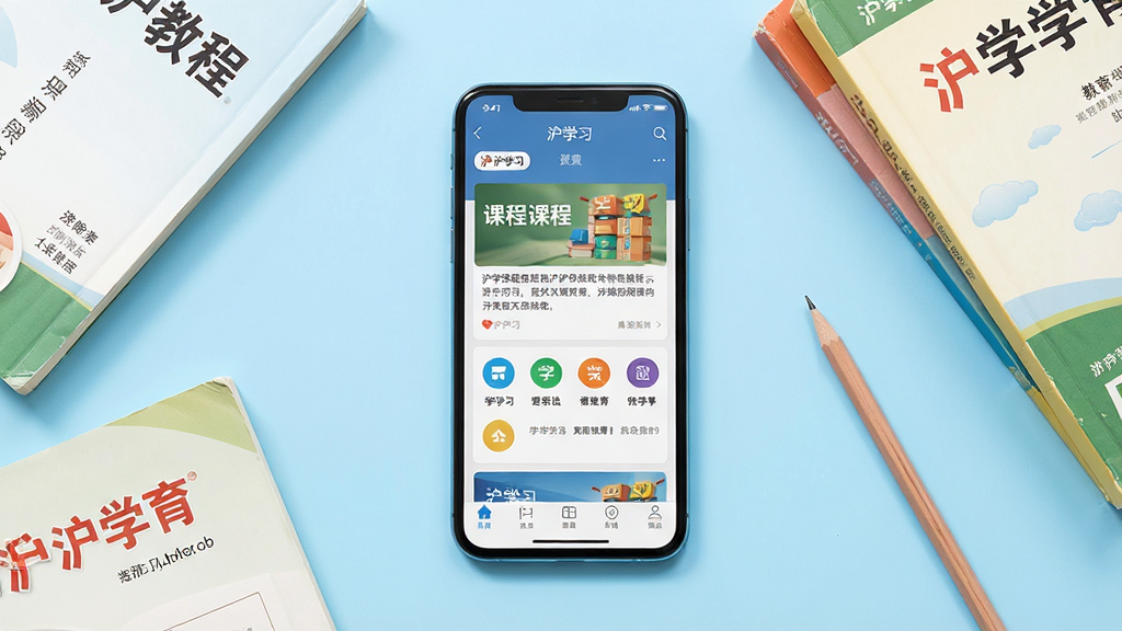 一张展示“沪学习”手机应用界面的场景图,画面中央是一部竖屏智能手机,屏幕上显示“沪学习”APP的首页界面,包含课程列表、学科图标和底部导航栏,手机周围散落着几本沪教版教材和一支铅笔,背景是干净明亮的浅蓝色书桌桌面,整体风格清新简洁,排版为居中构图,细节上体现教育学习氛围,画质清晰,干净,无多余元素