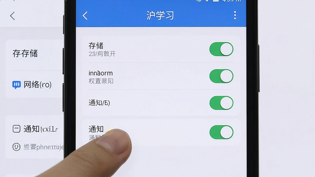 一张展示手机应用权限设置界面的图片,画面中手机屏幕显示“沪学习”APP的权限管理页面,包含存储、网络、通知等权限开关,手指正在点击存储权限选项,背景是简洁的手机设置界面,布局为竖屏正面视角,风格为写实截图风,细节上突出权限管理操作步骤,画质清晰,干净,无多余元素