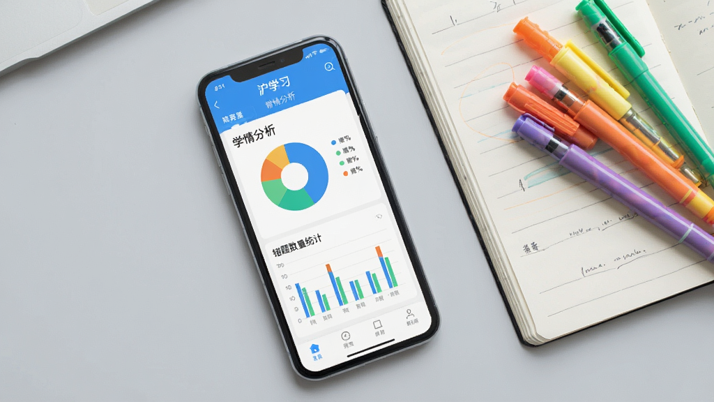 一张展示学习数据看板的图片,画面中央是手机屏幕显示“沪学习”APP的学情分析页面,包含饼状图、柱状图和错题数量统计,手机旁边有一本翻开的笔记本和几支彩色笔,背景是浅灰色桌面,布局为俯视角度,风格简约现代,细节上突出数据可视化元素,画质清晰,干净,无多余元素