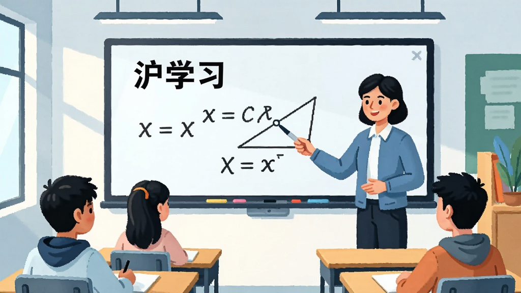 一幅展示在线学习场景的图片,画面中一位老师站在电子白板前讲解数学题,白板上写着“沪学习”三个字和一道几何题,下方坐着几名学生认真听讲,教室环境明亮整洁,布局为正面视角,风格为插画风,细节上体现师生互动与学习氛围,画质清晰,干净,无多余元素