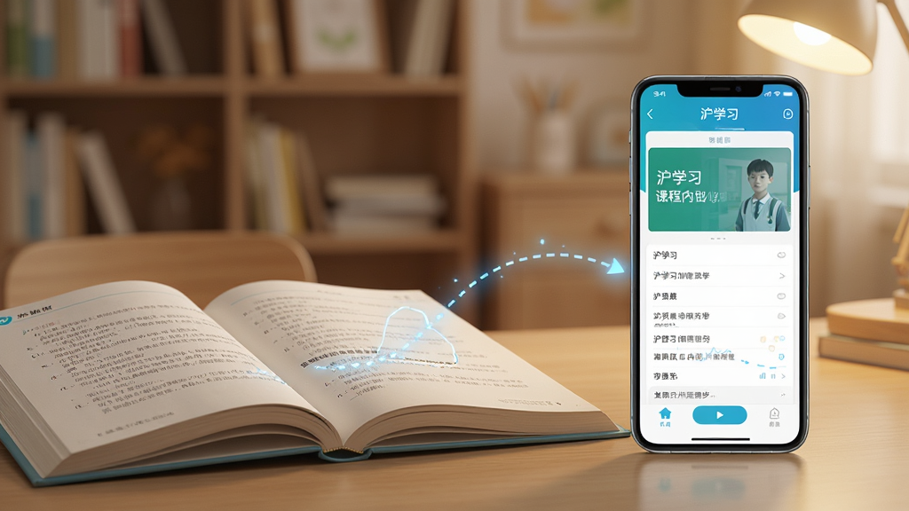 一幅AI生成的教育场景图,画面中一本打开的沪教版数学教材旁边放着一部手机,手机屏幕显示“沪学习”APP的课程同步页面,教材与手机之间用一条发光的虚线连接,象征线上线下内容同步,背景是柔和的暖色调书房环境,布局为左右对比式构图,风格写实且带有轻微科技感,细节上突出教材与APP界面的对应关系,画质高清,干净,无多余元素