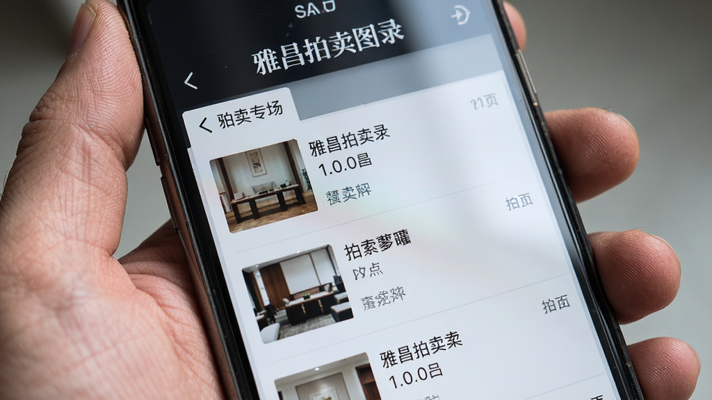 主体为一只手握持手机,屏幕显示“雅昌拍卖图录”的拍卖专场列表页面,布局为手部特写与手机屏幕占据画面主体,排版采用竖版近距离视角,风格为生活化写实,细节包括手指纹理、屏幕反光、列表项文字清晰可见,画质高清、干净、无多余元素