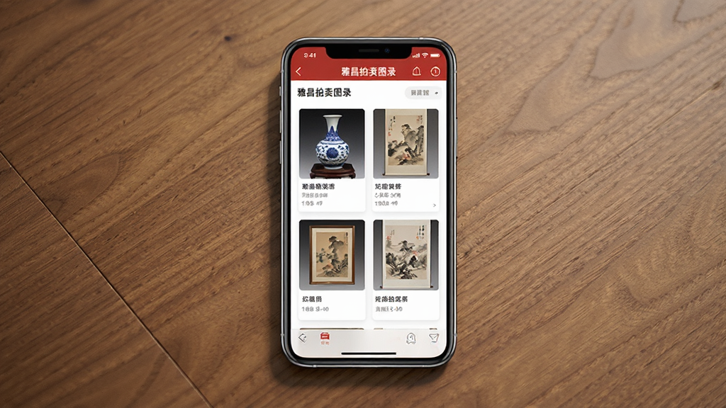 主体为一部智能手机,屏幕显示“雅昌拍卖图录”应用界面,界面中展示瓷器与书画拍品缩略图,布局为手机居中放置于木质桌面,排版采用竖版构图,风格为写实商务风,细节包括手机边缘高光、桌面木纹质感、界面卡片阴影,画质高清、干净、无多余元素