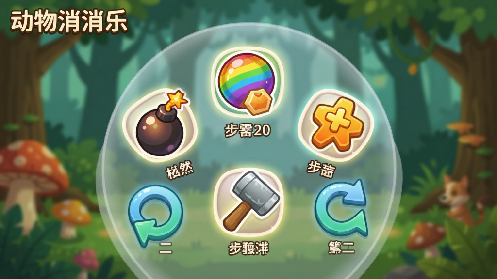 一张动物消消乐游戏道具展示界面图,画面中央是一个半透明的圆形道具面板,面板内排列着五种道具图标,包括炸弹、彩虹球、步数加号、锤子和刷新箭头,每个图标下方有简短文字说明,布局呈扇形展开,排版清晰,风格为扁平化卡通UI风,细节上道具图标色彩鲜艳、边缘有发光效果、背景是模糊的森林场景,画质高清、干净、无多余元素,画面中带有