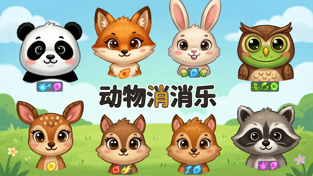 一张动物消消乐游戏内的动物角色集合展示图,画面主体是八只不同种类的卡通动物头像围成一圈排列,包括熊猫、狐狸、兔子、青蛙、猫头鹰、小鹿、松鼠和小浣熊,每个动物头像下方标注对应的消除特效颜色,布局呈环形对称,排版整洁,风格为Q版卡通手绘风,细节上动物毛发质感柔和、眼睛大而明亮、背景为浅绿色草地和蓝天白云,画质高清、干净、无多余元素,画面中央带有