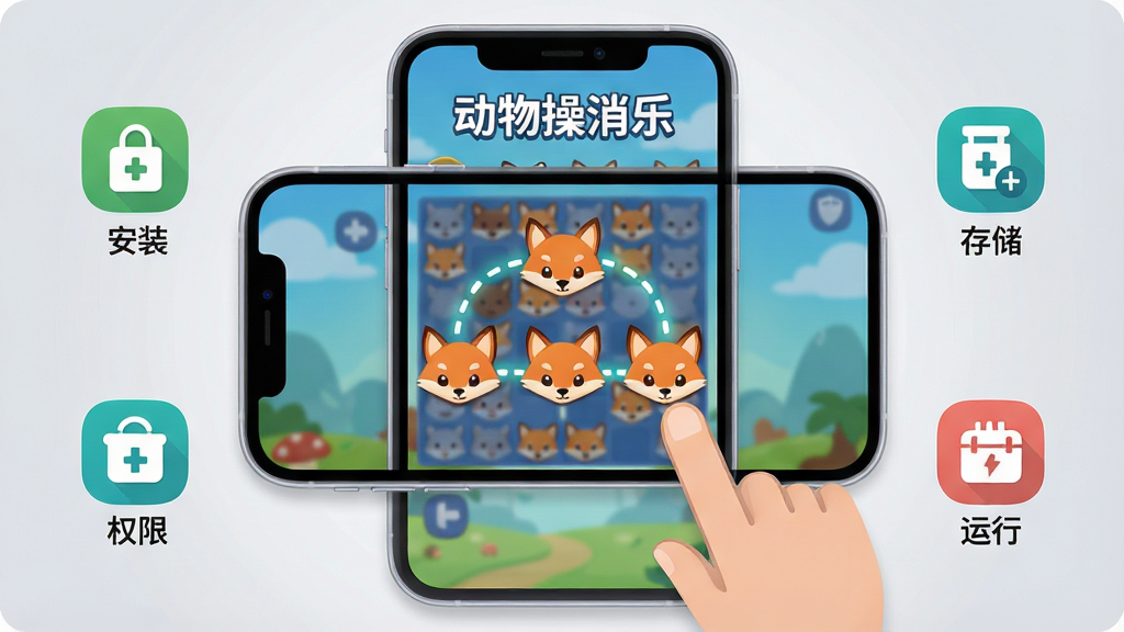一张动物消消乐新手操作指引图,画面主体是一部智能手机屏幕,屏幕上显示动物消消乐游戏界面,一只手指正在滑动连接三只相同的小狐狸头像,连接路径用发光的虚线标注,屏幕旁边有四个小图标分别代表安装、权限、存储和运行,布局为手机居中、图标环绕四周,排版简洁明了,风格为扁平化科技插画风,细节上手机边框圆润、屏幕内容清晰、背景为浅灰色渐变,画质高清、干净、无多余元素,画面中带有