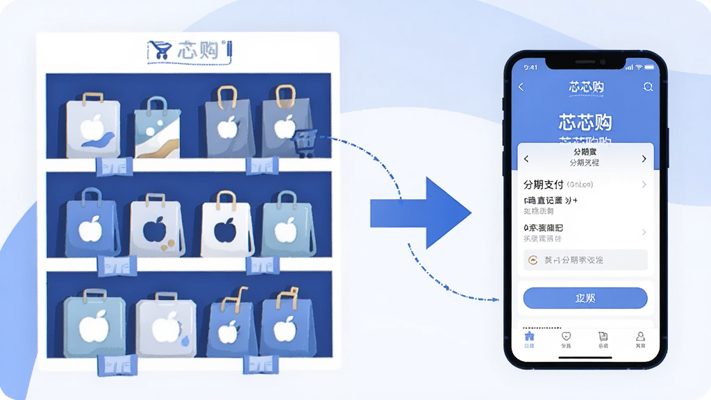 一张电商购物场景插图,画面左侧是分类整齐的商品货架,右侧是手机屏幕显示芯芯购App的分期支付页面,中间用箭头连接表示流程,风格扁平化插画,色调以蓝白为主,细节丰富,画质干净,无多余元素,高清展示