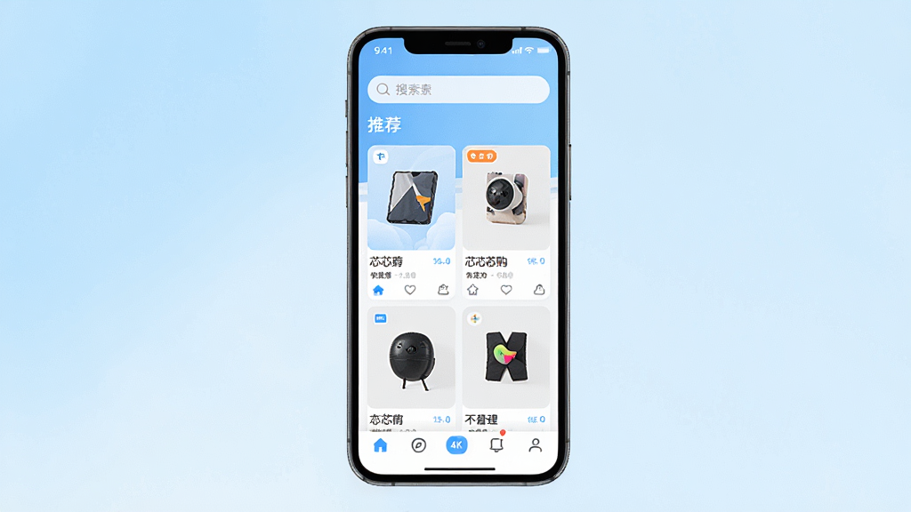 一张手机应用界面展示图,画面中央是一部现代智能手机,手机屏幕上显示芯芯购App的主页界面,包含商品推荐卡片、底部导航栏和顶部搜索框,背景为浅蓝色渐变,整体风格清新简约,细节清晰,画质干净,无多余元素,4K高清,UI设计展示风格