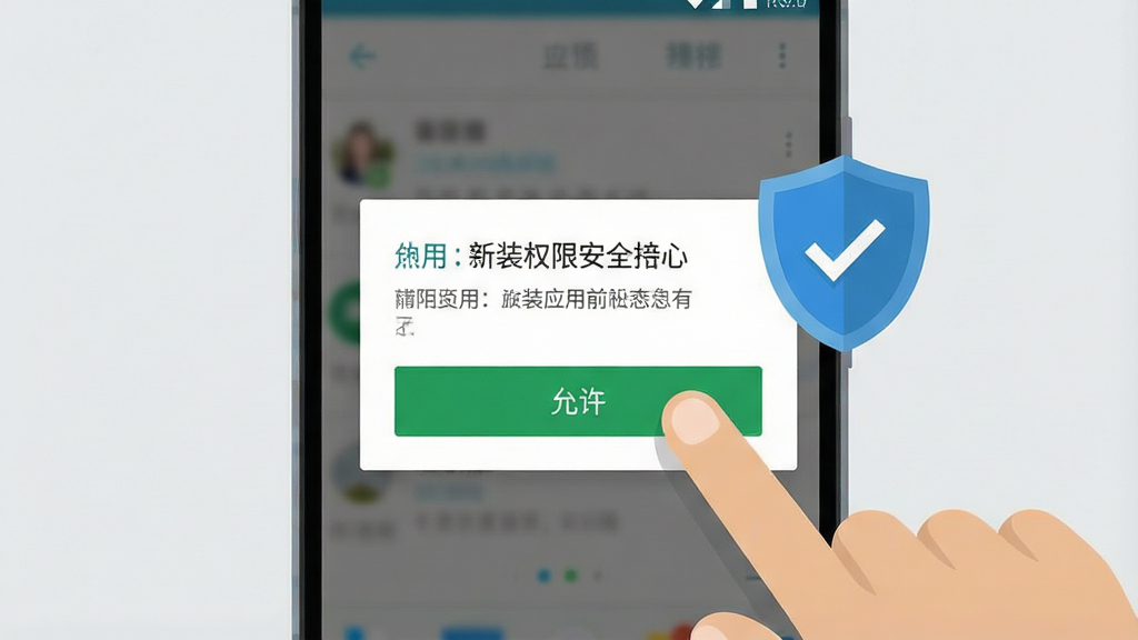 一张安卓手机安装应用的操作示意图,画面展示手机屏幕弹出安装权限设置界面,手指点击“允许”按钮,旁边有盾牌图标表示安全防护,背景为浅灰色,风格简洁扁平,细节清晰,画质干净,无多余元素,高清展示