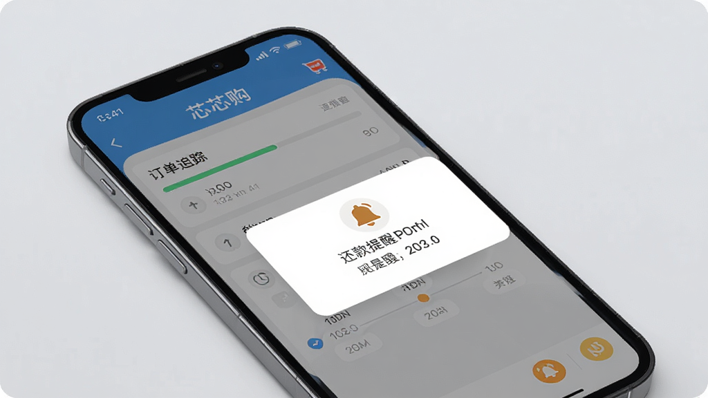一张手机界面功能展示图,画面中一部手机竖屏显示芯芯购App的订单追踪页面和还款提醒弹窗,界面元素包括进度条、时间轴和铃铛图标,背景为柔和浅灰色,风格简洁商务,细节清晰,画质干净,无多余元素,高清渲染