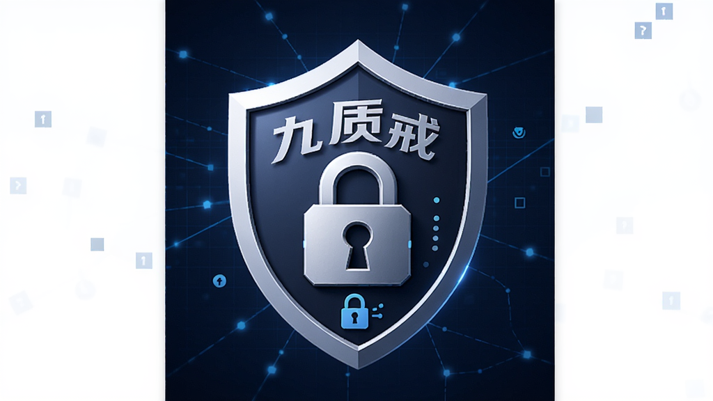 一个盾牌与锁的组合图标,象征数据安全,盾牌上印有“九质戒”字样,背景为深蓝色科技感网格,风格简洁现代,细节包括加密符号和隐私锁,画质清晰,无多余元素
