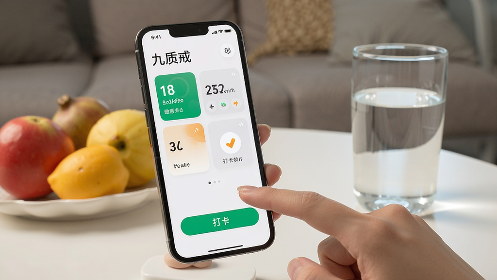 一部智能手机展示“九质戒”应用主界面,屏幕上有健康数据卡片和打卡按钮,旁边有手指点击操作,背景为居家环境,风格写实,细节包括手机周围的健康小物件如水果、水杯,画质清晰,画面干净