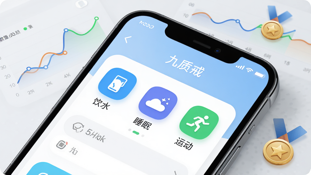 手机屏幕特写展示“九质戒”应用的打卡界面,包含饮水、睡眠、运动等图标,屏幕周围有代表数据的折线图和奖章元素,背景为简洁的浅灰色,风格现代科技感,细节清晰,画质干净无杂乱