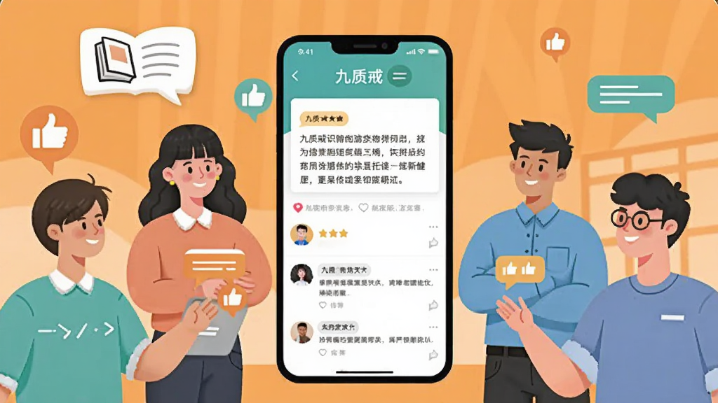 一群人在线上社区中围绕健康话题交流,画面中心是“九质戒”应用界面显示知识文章和评论互动,背景为温暖的橙色调,风格扁平插画,细节包括书本、对话气泡和点赞图标,画质清晰干净