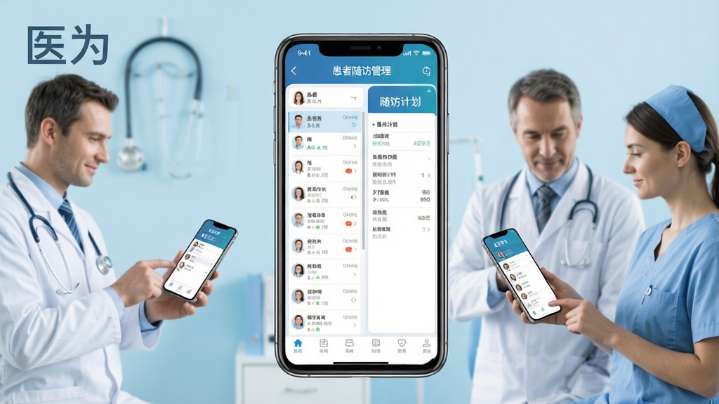 一张展示医为软件核心界面的全景图,画面中央是一部智能手机,屏幕显示医为APP的患者随访管理主页面,左侧是患者列表,右侧是随访计划详情,背景是干净的浅蓝色医疗风格,画面中有医生和护士正在使用手机进行随访操作,整体风格简洁专业,细节清晰,画质高清,干净无多余元素,图片中带有文字“医为”
