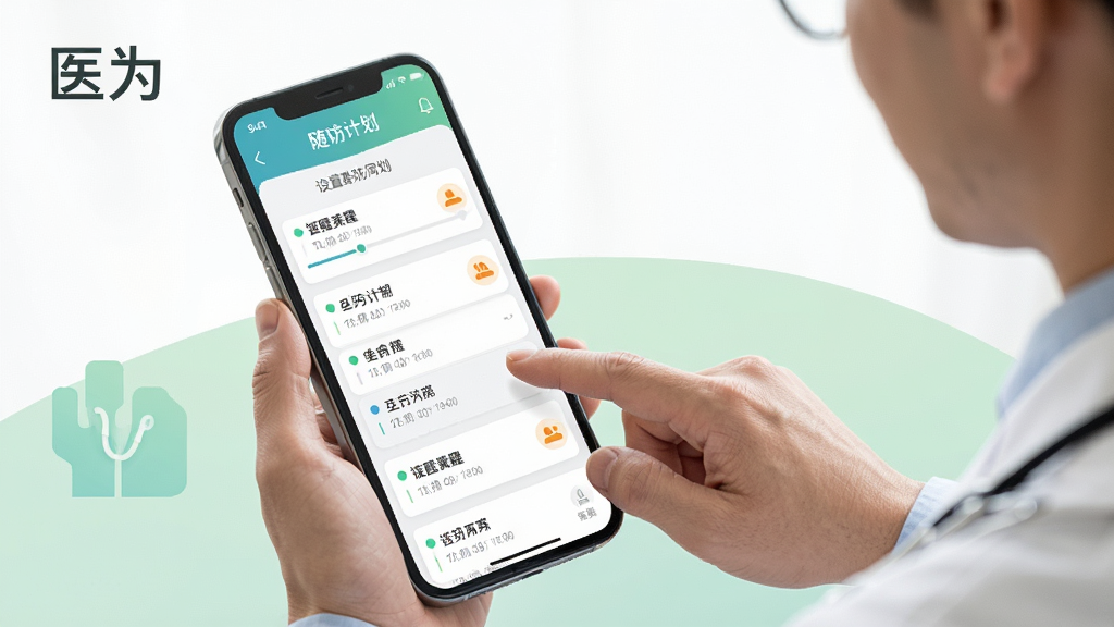 一张展示医为APP智能随访计划管理功能的界面图,画面中手机屏幕显示随访计划列表,每个计划带有时间轴和提醒图标,背景是柔和的白色与淡绿色,画面中有医生正在点击屏幕设置随访周期,整体风格清新专业,细节丰富,画质高清,干净无多余元素,图片中带有文字“医为”