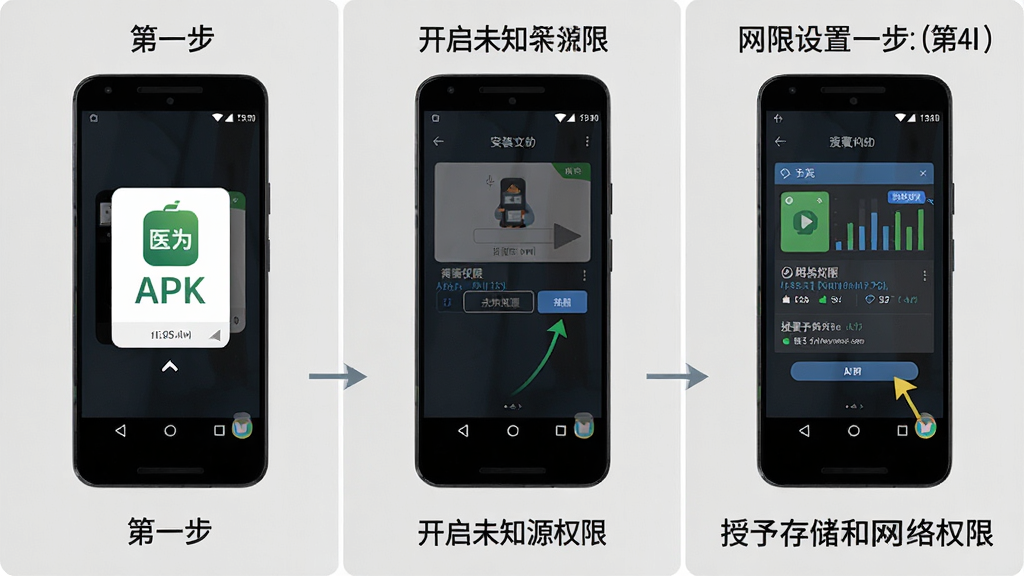 一张展示医为APP在安卓手机上安装与权限设置步骤的示意图,画面分为三个步骤,第一步显示下载APK文件,第二步显示开启未知来源权限,第三步显示授予存储和网络权限,背景是干净的浅灰色,整体风格教程化,细节清晰,画质高清,干净无多余元素,图片中带有文字“医为”