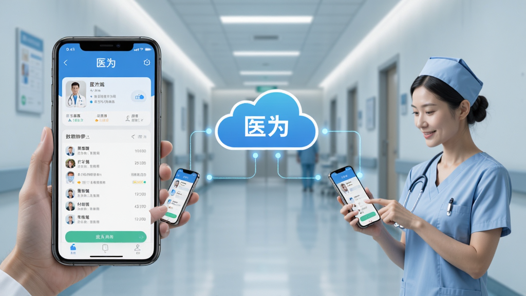 一张展示医为APP多角色协同工作场景的示意图,画面中一部手机屏幕显示医生端界面,另一部手机显示护士端界面,两者通过云端数据同步,背景是现代化的医院走廊,画面中有医生和护士各自使用手机,整体风格科技感与医疗感结合,细节清晰,画质高清,干净无多余元素,图片中带有文字“医为”