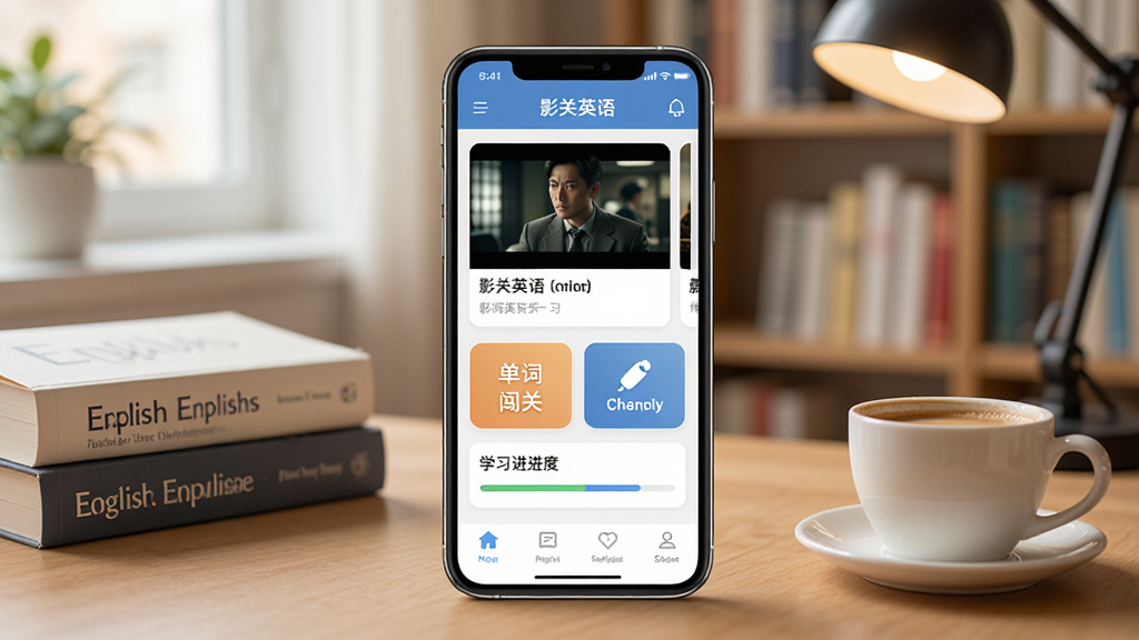 一张展示影关英语软件主界面的图片,画面中央是手机屏幕,屏幕上显示影关英语APP的首页,包含影视片段学习卡片、单词闯关入口和学习进度条,背景为温馨的书房环境,桌面上摆放着英语书籍和一杯咖啡,整体风格清新明亮,细节丰富,画质高清,干净无多余元素