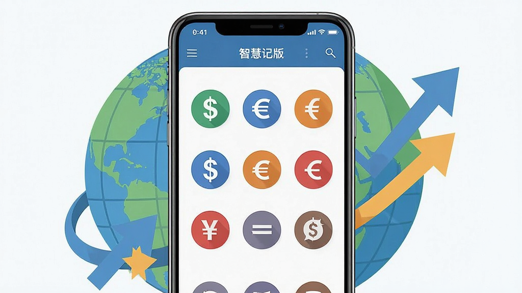一张展示智慧记国际版多币种切换界面的手机截图风格图片,画面中央是手机屏幕显示美元、欧元、人民币等货币图标排列,周围环绕着地球与交易箭头元素,布局简洁,风格扁平化商务,细节清晰,画质干净,无多余元素