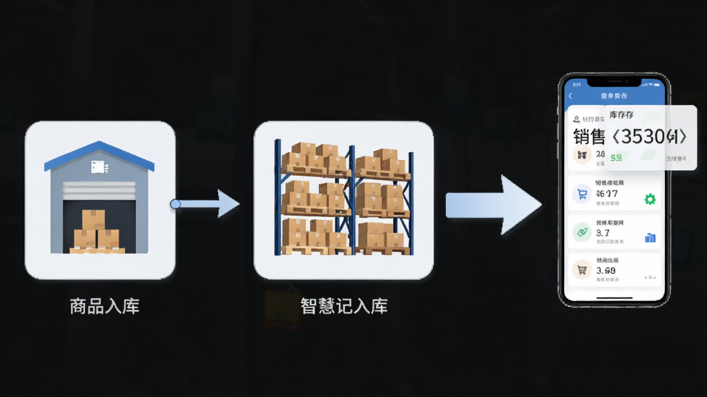 智慧记国际版进销存管理功能示意图,画面左侧是商品入库图标,中间是仓库货架,右侧是销售出库箭头,三个模块用线条串联,手机屏幕悬浮在旁边显示库存数字,风格简洁信息图,布局对称,细节干净,画质高清,无多余元素