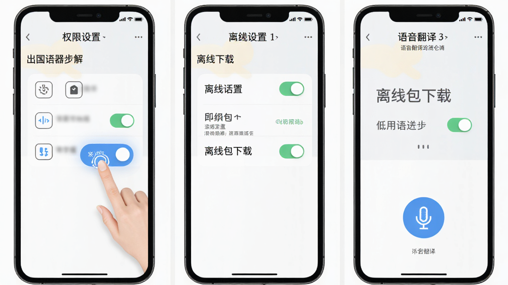 出国翻译器使用教程示意图,画面为手机屏幕操作步骤分解,布局为三格分镜展示权限设置、离线包下载、语音翻译三个环节,风格为简洁教程风,细节包含手指点击图标、设置开关、麦克风按钮,画质清晰干净,无多余元素