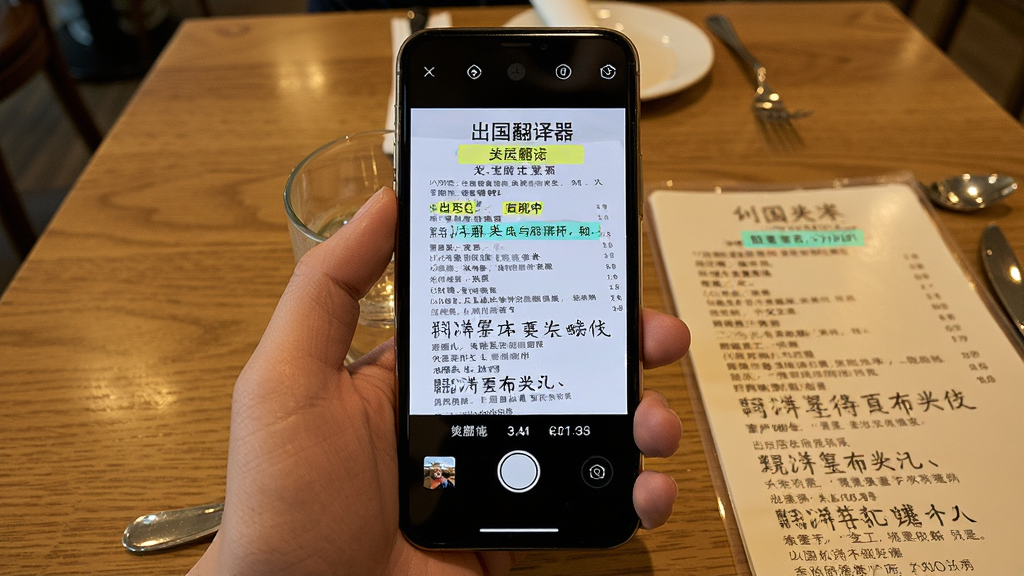 出国翻译器拍照翻译功能展示图,画面中一只手拿着手机对准一份英文菜单,手机屏幕显示翻译后的中文内容,背景是餐厅桌面,布局为手机居中、菜单在侧,风格为写实生活场景,细节包含菜单文字、手机摄像头界面、翻译高亮框,画质清晰干净,无多余元素