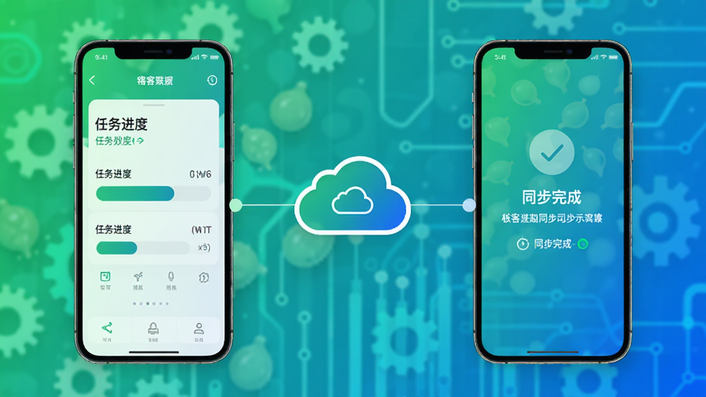 极客豌豆账号数据同步示意图,画面展示两台手机之间通过云图标连接,左侧手机显示任务进度,右侧手机显示同步完成提示,整体风格科技感与清新感结合,配色以绿色和蓝色为主,画质清晰,干净无多余元素