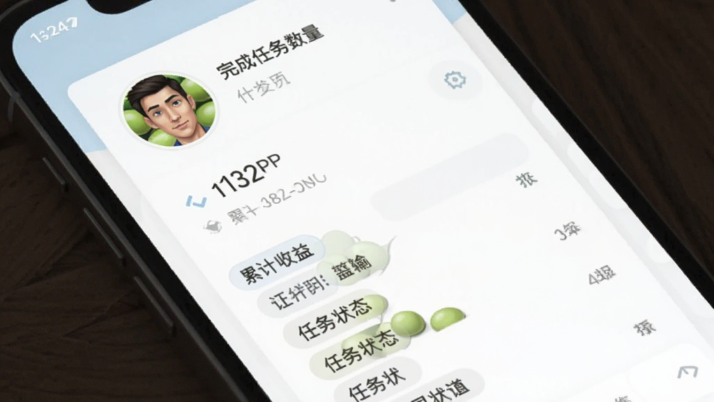 极客豌豆个人中心进度面板截图,画面中手机屏幕显示用户头像、已完成任务数量、累计收益数值以及任务状态标签列表,界面采用卡片式布局,色彩柔和,数据展示清晰,画质干净无多余元素