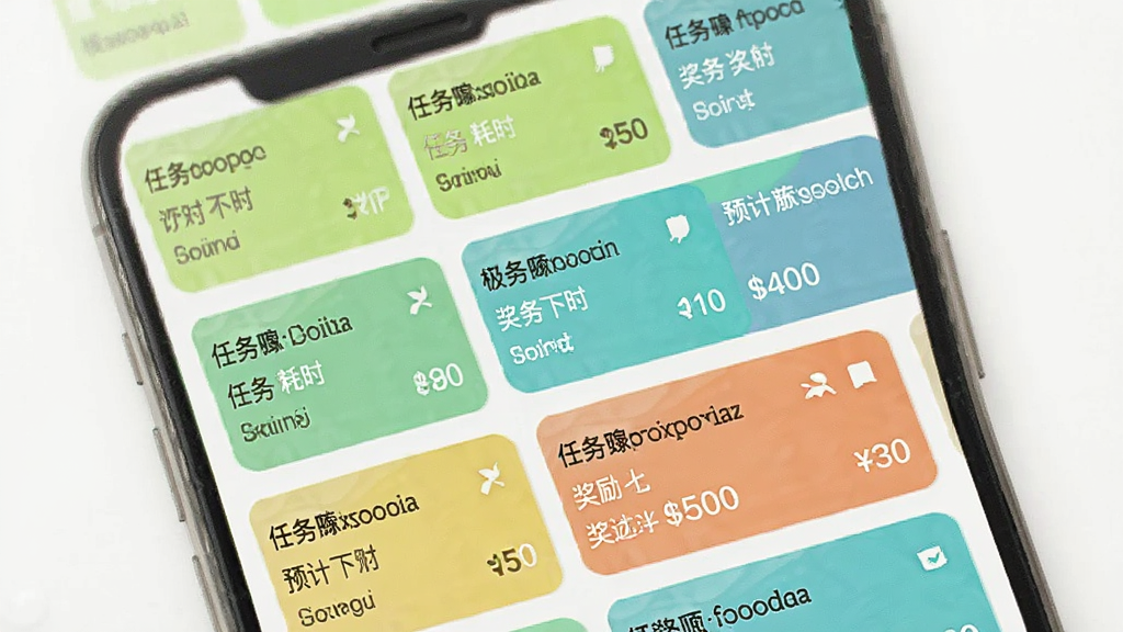 极客豌豆任务列表页面展示图,画面中手机屏幕内呈现多个彩色任务卡片,每张卡片上标注任务名称、预计耗时和奖励数值,整体布局整齐有序,配色以浅绿和白色为主,风格清新明快,画质清晰,干净无多余元素