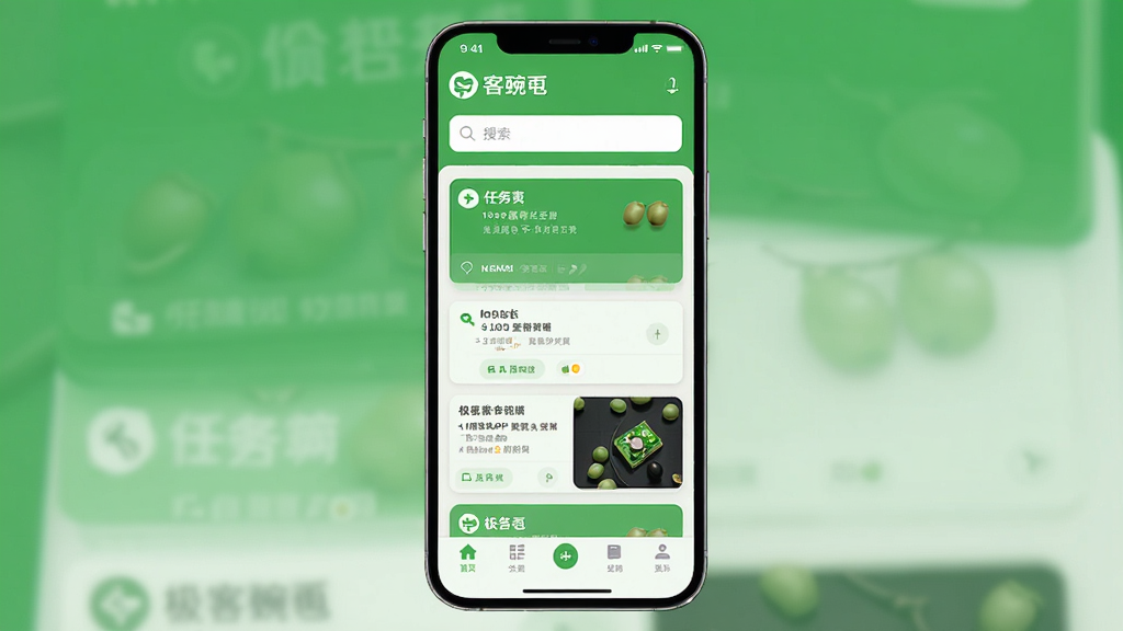极客豌豆应用主界面截图,画面中央展示手机屏幕内极客豌豆APP的首页布局,顶部为品牌Logo和搜索栏,中部为任务卡片瀑布流,底部为导航菜单栏,整体采用清新绿色与白色搭配,UI风格简洁现代,扁平化设计,画质清晰,干净无多余元素