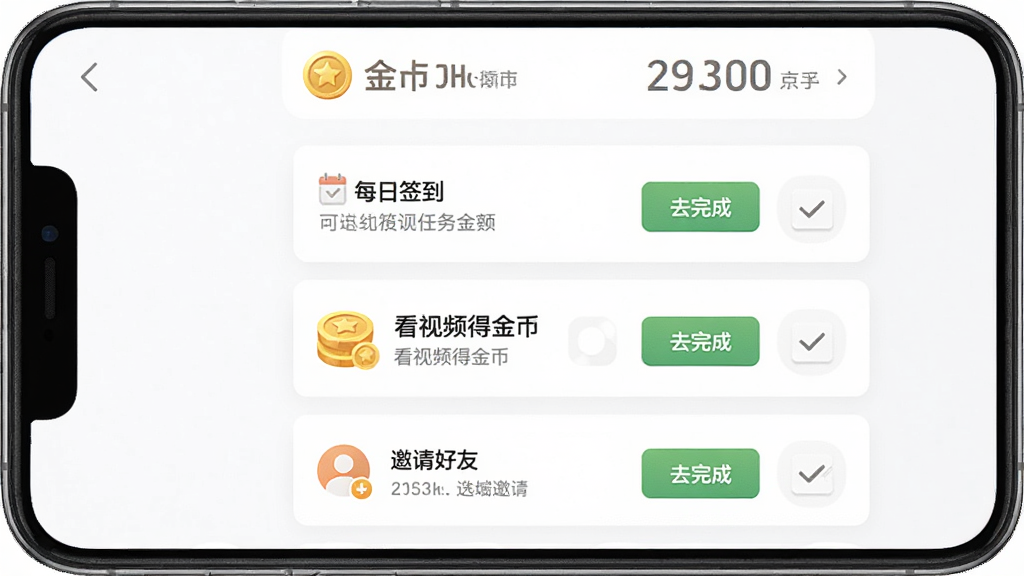 一张虾米视讯任务中心的界面示意图,画面中手机屏幕显示“每日签到”“看视频得金币”“邀请好友”等任务列表,每个任务右侧有“去完成”按钮,顶部有金币余额展示,背景为白色,风格为清爽卡片式布局,细节清晰,画质干净,无多余元素