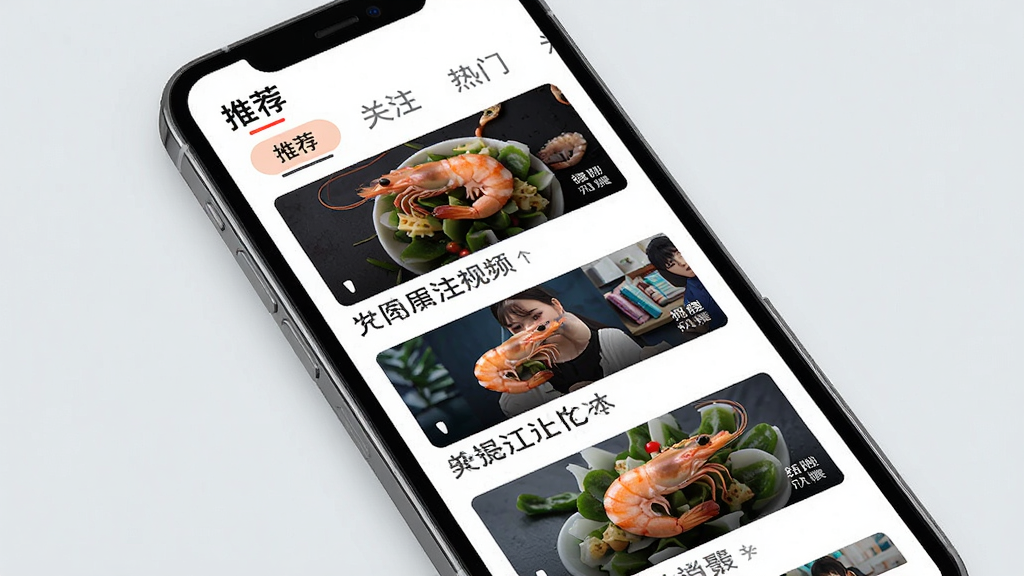 一张展示虾米视讯短视频推荐界面的手机模型图,画面中手机屏幕显示多个视频卡片纵向排列,每个卡片上有不同的封面图和标题,屏幕上方有“推荐”“关注”“热门”标签栏,背景为淡灰色,风格为清新简约的UI展示图,细节清晰,画质干净,无多余元素