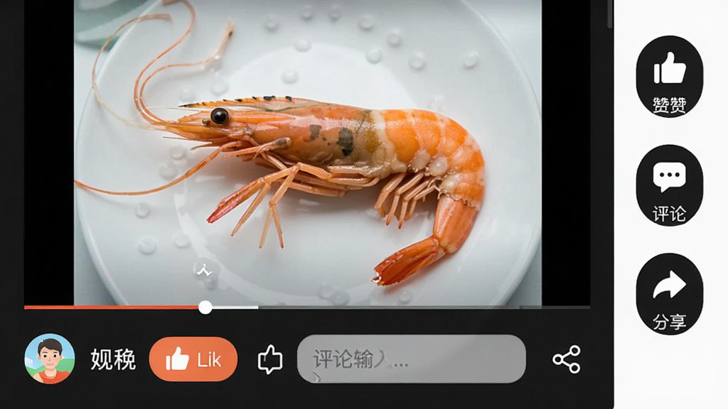 一张虾米视讯视频播放页面的手机截图风格图,画面中正在播放一个短视频,视频下方有用户头像、昵称、点赞按钮、评论输入框和分享图标,屏幕右侧有竖排的点赞、评论、分享按钮,背景为深色播放器界面,风格为现代社交应用UI,细节清晰,画质干净,无多余元素