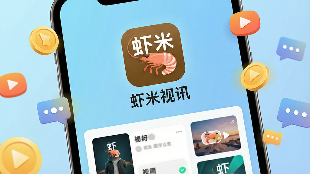 一张手机屏幕特写,画面中央是“虾米视讯”App的图标与名称,图标下方展示短视频瀑布流界面缩略图,背景为浅蓝色渐变,周围环绕金币、播放按钮、聊天气泡等小图标,布局简洁明快,风格为扁平化科技感,细节清晰,画质干净,无多余元素