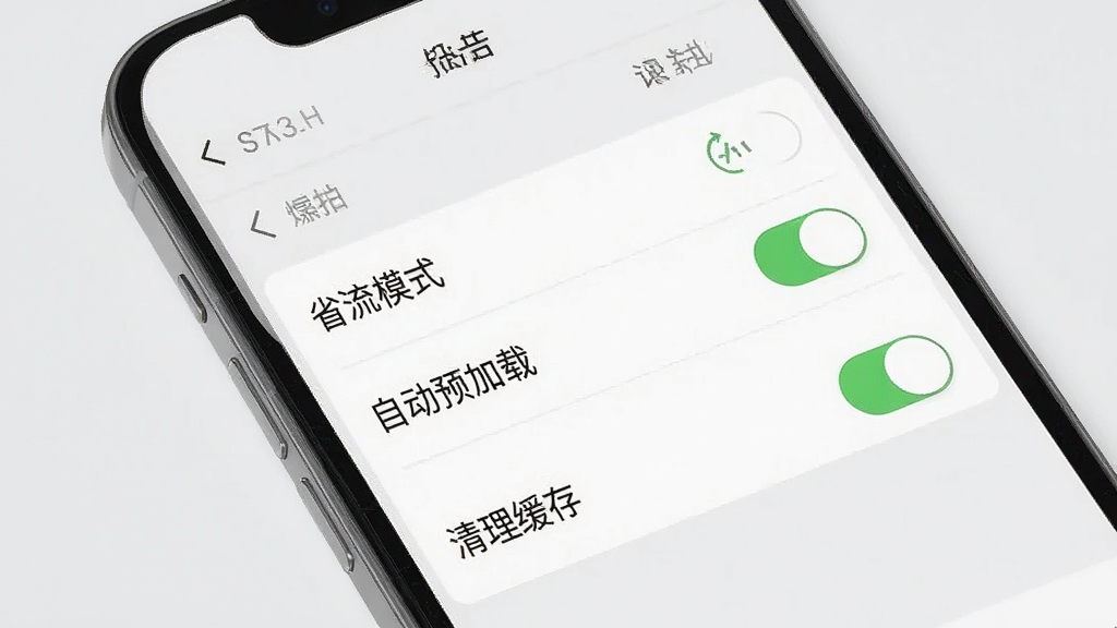 一张虾米视讯设置界面的手机模型图,画面中手机屏幕显示“省流模式”“自动预加载”“清理缓存”等选项开关,背景为浅灰色,风格为极简设置面板,细节清晰,画质干净,无多余元素