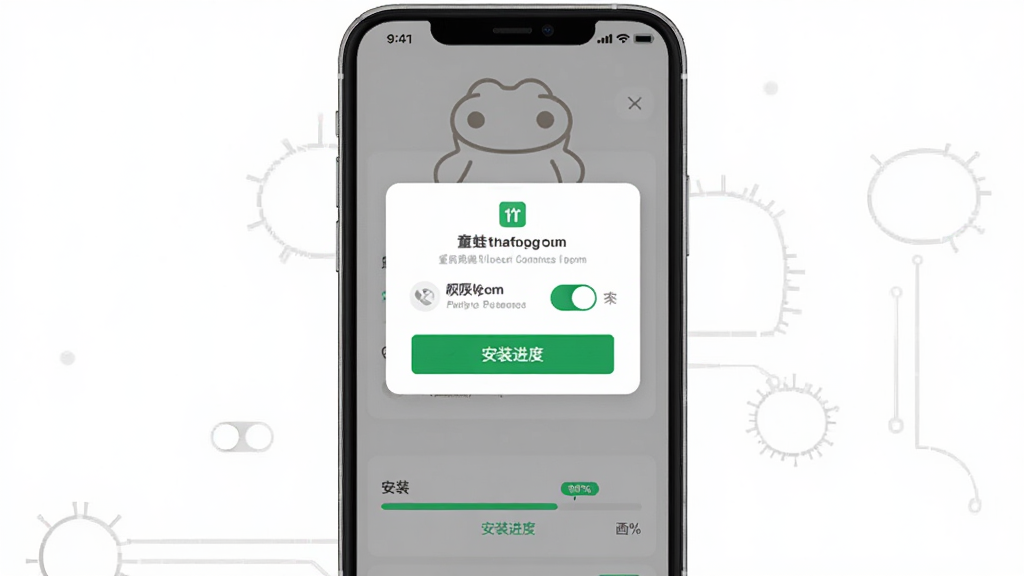 童蛙商城移动端安装与权限设置示意图,手机屏幕中展示权限授权弹窗与安装进度条,主体为手机竖屏特写,布局居中,风格科技简洁,细节包含权限开关、安装按钮、进度百分比,画质高清干净无多余元素