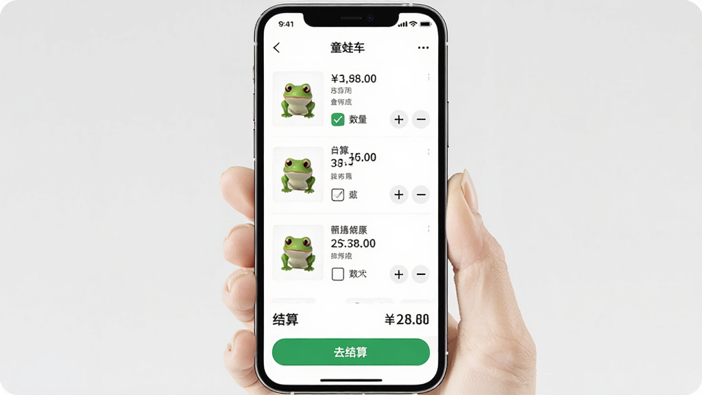 童蛙商城购物车页面,手机屏幕中展示多个商品条目与结算按钮,主体为手机竖屏展示,布局居中,风格清爽简洁,细节包含商品勾选框、数量加减按钮、合计金额、去结算按钮,画质高清干净无多余元素
