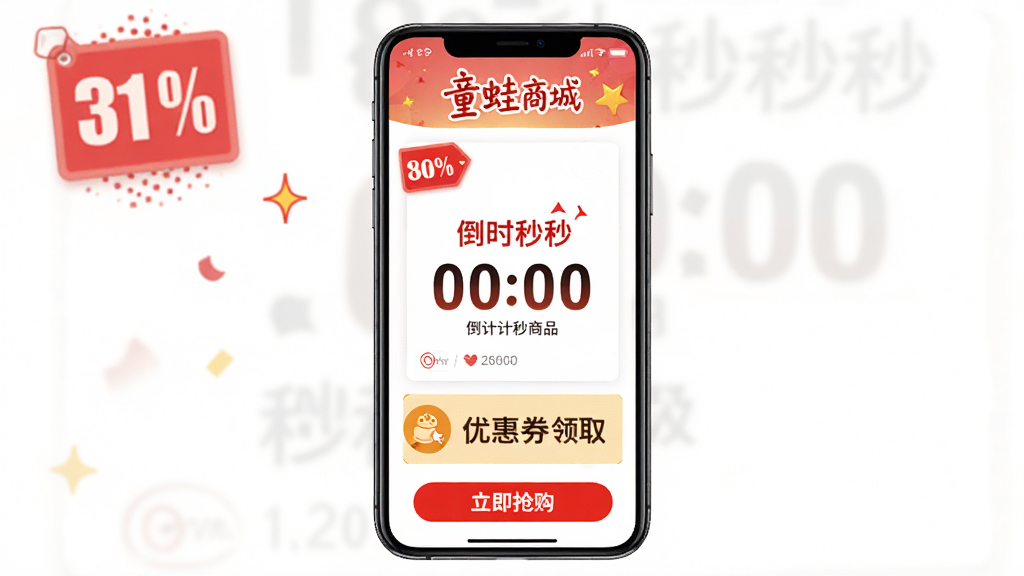 童蛙商城限时优惠活动页面,手机屏幕中展示倒计时秒杀商品卡片与优惠券领取按钮,主体为手机竖屏特写,布局居中,风格热闹促销感,细节包含红色价格标签、倒计时数字、立即抢购按钮,画质高清干净无多余元素