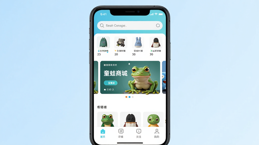 童蛙商城APP首页界面展示,手机屏幕中呈现商品分类导航栏与促销banner,主体为一部智能手机正面竖屏展示,布局居中,背景为浅蓝色渐变,风格清新简约,细节包含搜索框、轮播图、底部导航栏图标,画质高清干净无多余元素