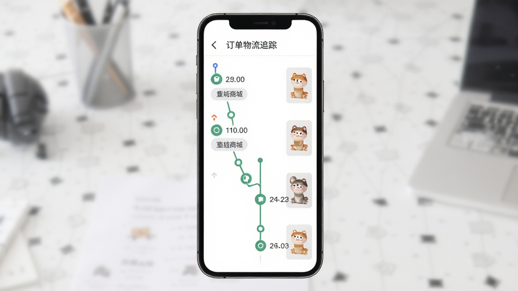 童蛙商城订单物流追踪页面,手机屏幕中展示订单列表与物流进度时间轴,主体为手机正面展示,布局居中,风格简洁商务,细节包含物流节点图标、时间戳、商品缩略图,画质高清干净无多余元素