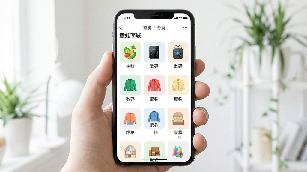 童蛙商城商品分类页面,手机屏幕中展示多个商品类目图标网格排列,主体为手持手机展示分类界面,布局居中,风格明亮清爽,细节包含生鲜、数码、服饰、家居等分类标签,画质高清干净无多余元素