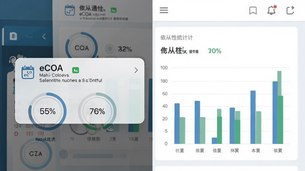 一张展示eCOA提醒通知和依从性统计图表的界面截图,主体为手机通知栏弹窗和后台数据看板,布局采用左右分栏,排版清晰,风格为商务医疗风,细节包括日历图标、百分比进度环和柱状图,画质高清,干净,无多余元素