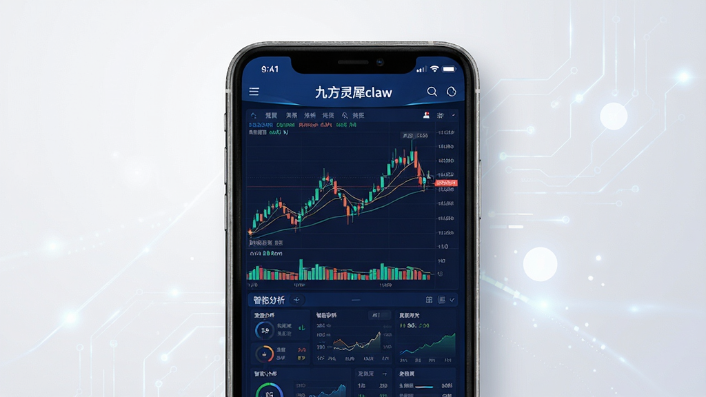 一张展示九方灵犀claw软件主界面的图片,画面中央是手机屏幕,屏幕内显示股票K线图与智能分析仪表盘,界面以深蓝色为主色调,顶部有“九方灵犀claw”文字标识,背景为干净的浅灰色渐变,风格简洁科技感,细节清晰,画质高清,干净无多余元素