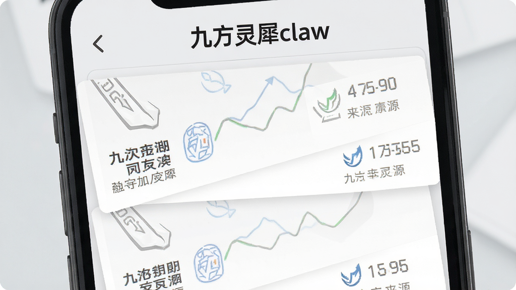 一张展示九方灵犀claw财经资讯列表的图片,手机屏幕内显示多条新闻卡片,每张卡片带有时间标签和来源图标,顶部有“九方灵犀claw”文字,背景为浅灰色,风格清爽易读,画质高清,排版整齐,无多余元素